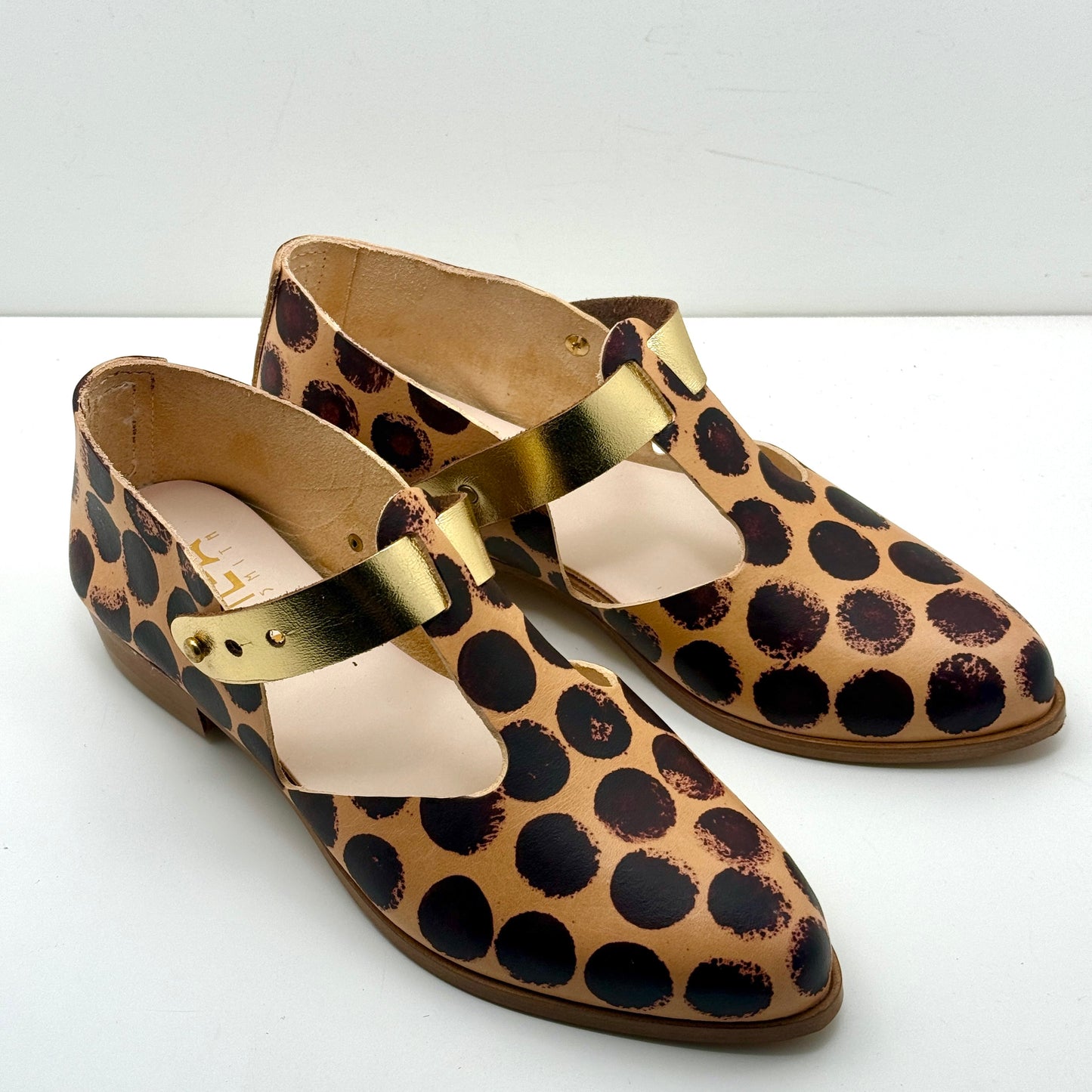 The Eleanor in Butter with Tamarind Polka Dots & Gold Strap