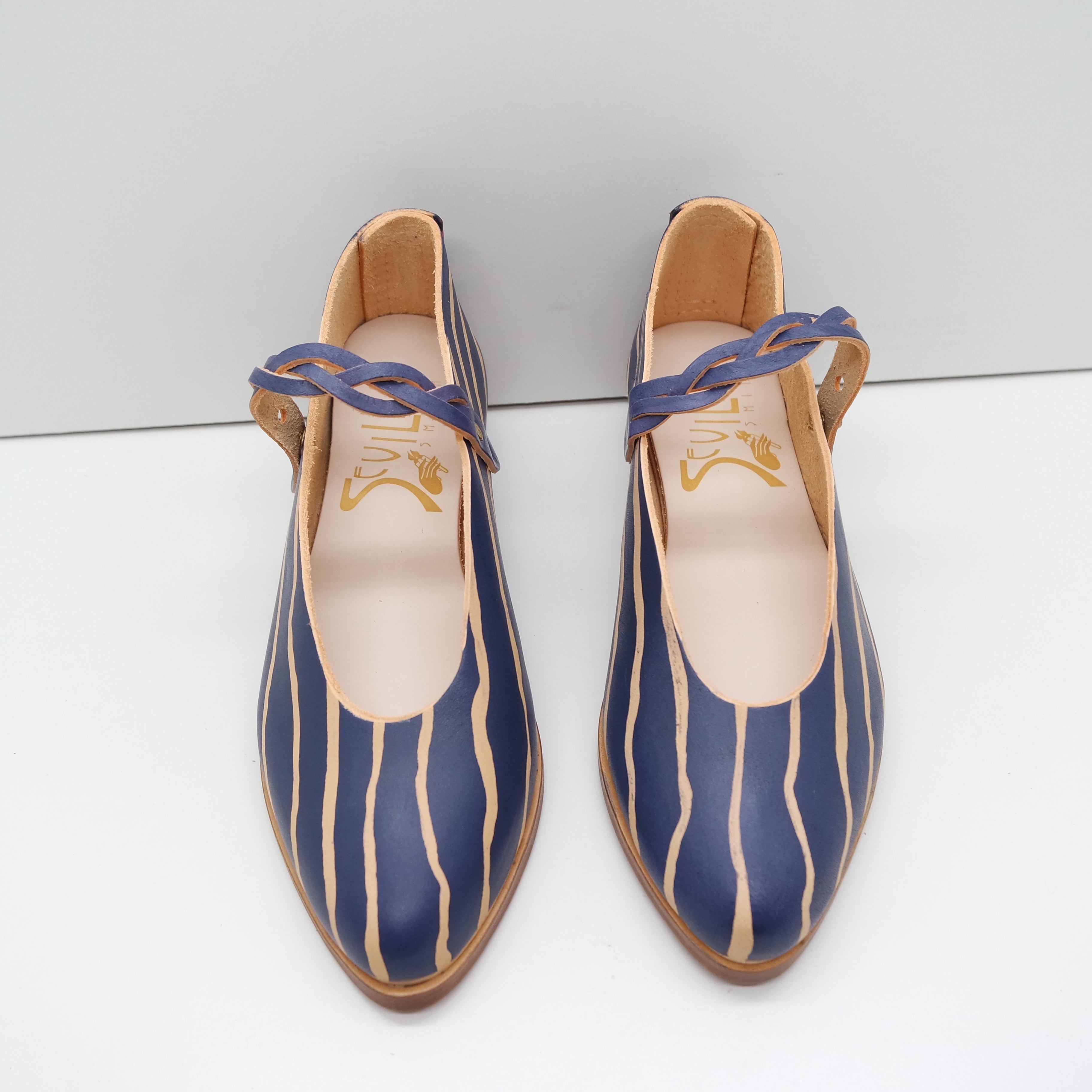 The Pepa with Reverse Stripe Pattern in Azure with Braided Straps